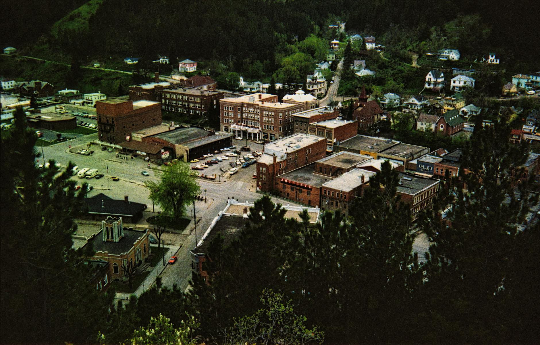 Panorama małego miasteczka z historyczną zabudową i zielenią